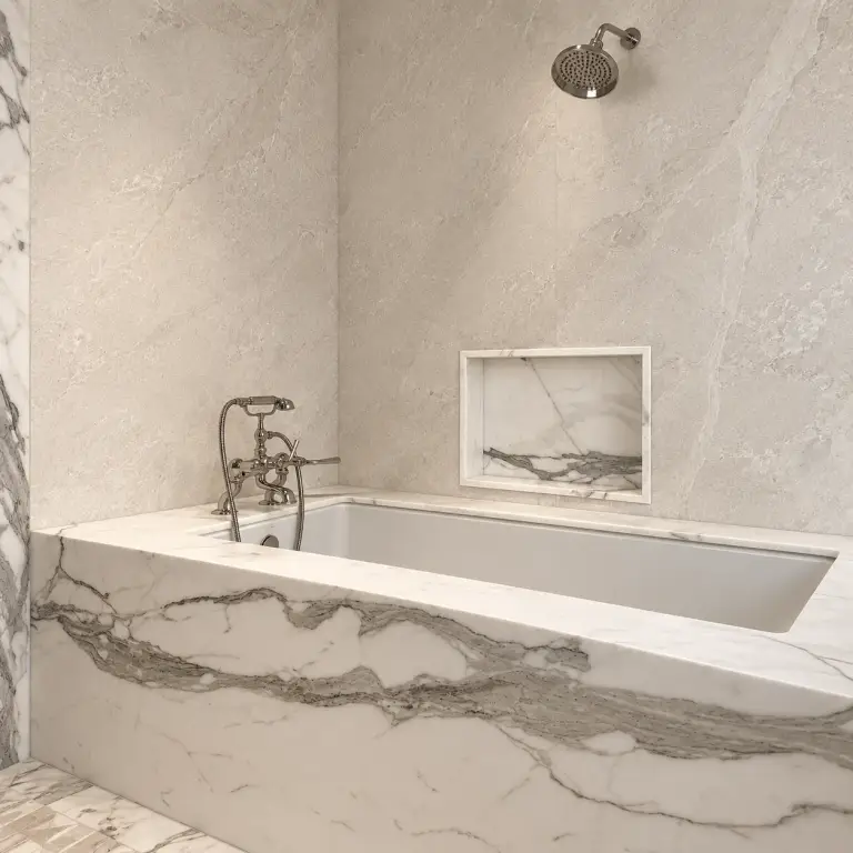 Marble bathroom wall and shower fixtures at BH Condo