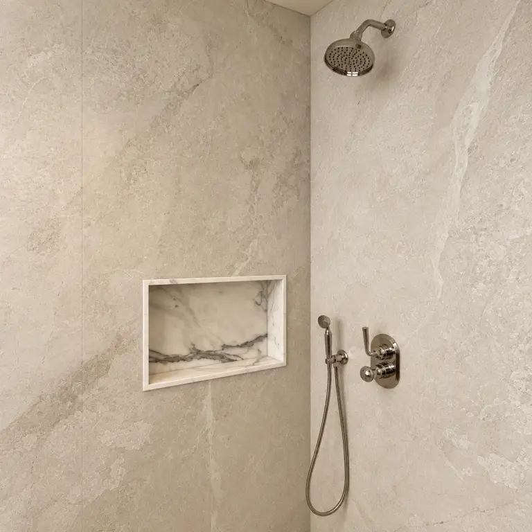 Shower wall and recessed niche detail at BH Condo