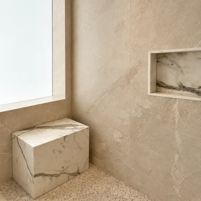 Marble shower with a recessed niche at BH Condo
