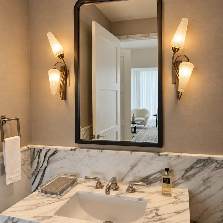 Vanity with mirror and wall lights at BH Condo