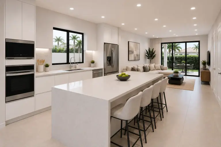 Kitchen and great room rendering for Bickford Perez Townhomes