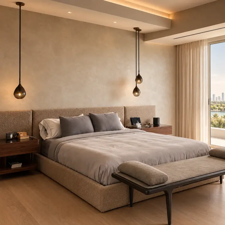 Brindisi Condo bedroom with bedside tables and pendant lights