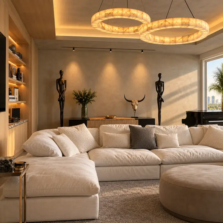 Living room with two sofas and a chandelier at Brindisi Condo