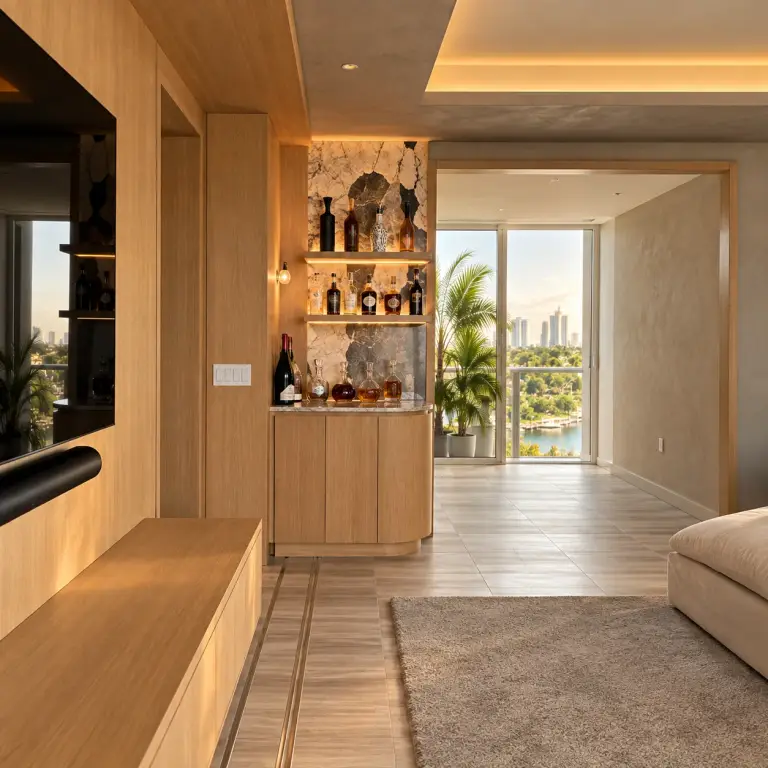 Brindisi Condo living room with built-in shelving and a sofa