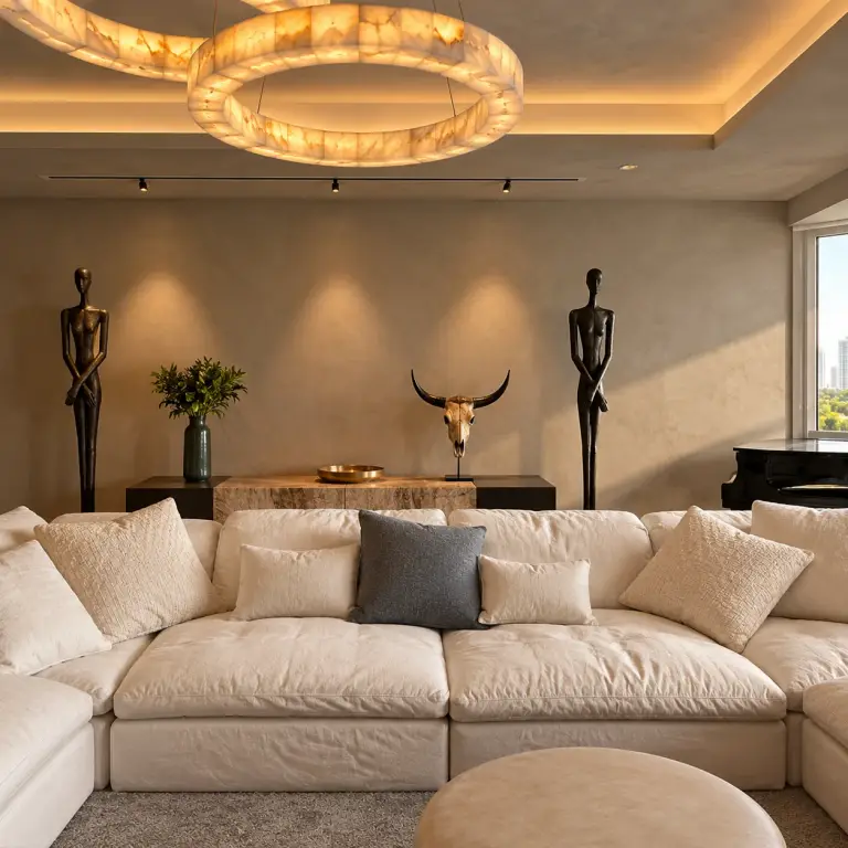 Brindisi Condo seating area beneath a chandelier