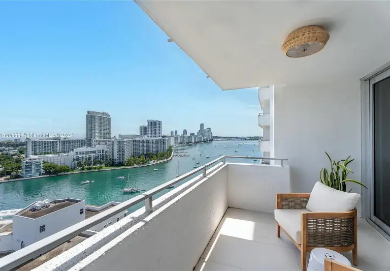 Balcony overlooking Biscayne Bay and the Miami skyline at Silver Residence