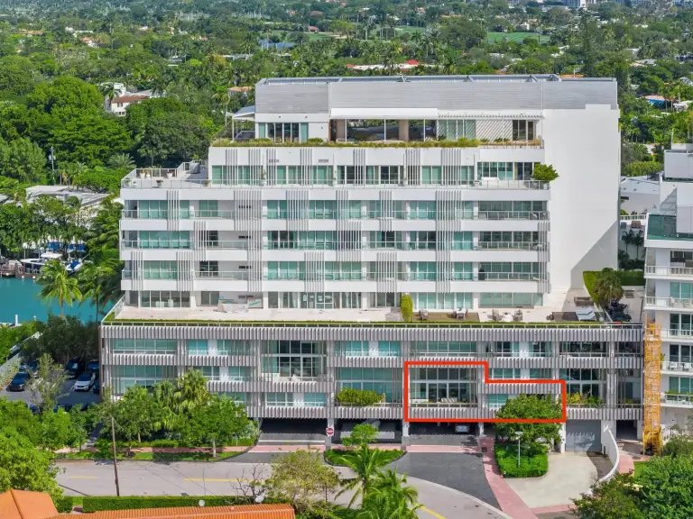 Aerial view of the Starr DeVos condominium tower on the Miami Beach waterfront
